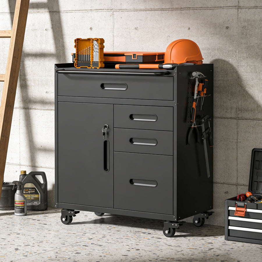 Seizeen Tool Chest, Rolling Tool Storage Box with Wheels, Lockable Garage Tool Cabinet Organizer, Steel Utility Cabinet with Side Pegboards for Workshop Home