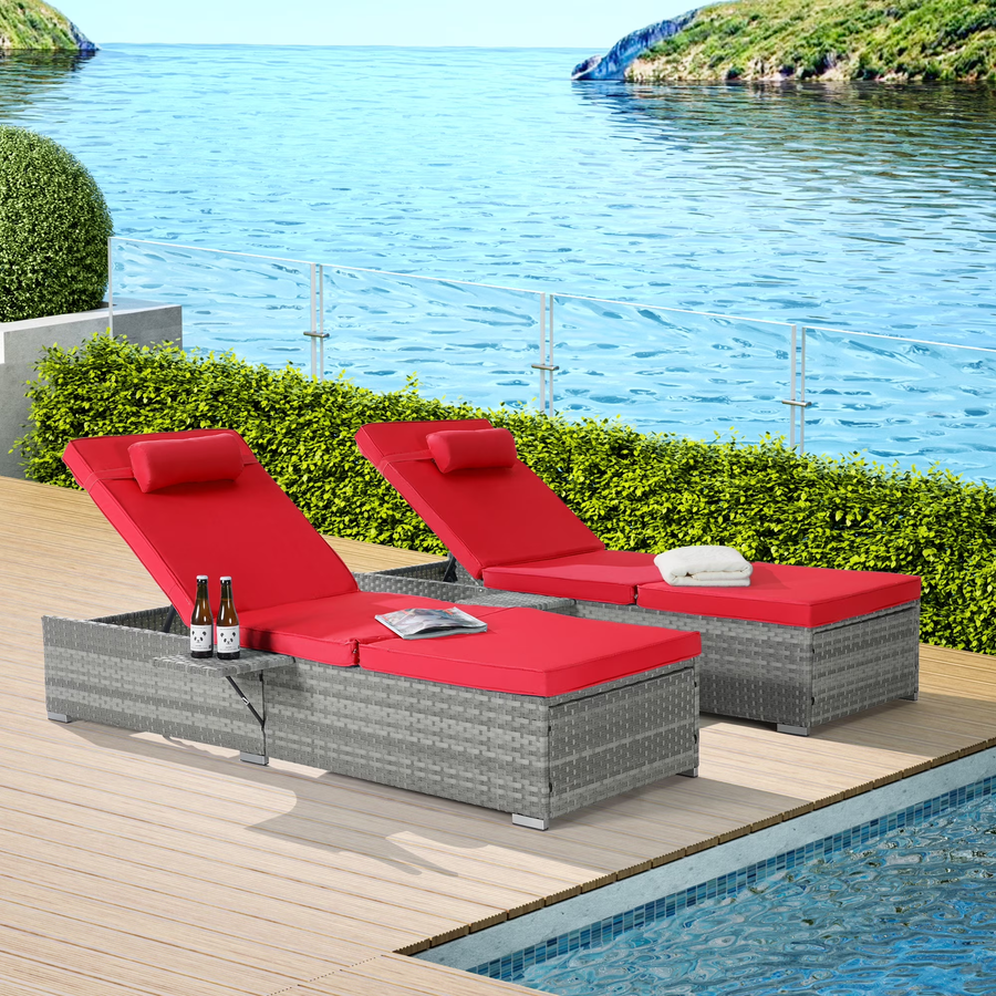 Outdoor Lounge Chairs, Seizeen Rattan Chaise Lounge Set of 2, All-weather Pool Recliner w/Side Table, Red Cushions, Adjustable Backrest