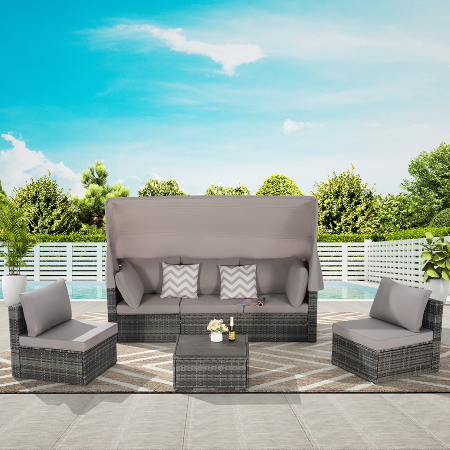 Outdoor Wicker Patio Furniture Set, 5-Piece Sectional Sofa with Canopy Daybed, All-Weather Rattan Conversation Set with Cushions & Table for Backyard Garden Poolside