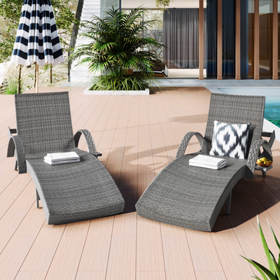 Seizeen 2-Piece Outdoor Lounge Chair Set, Wicker Rattan Patio Chaise Lounge w/Pull-out Side Table, All-weather Pool Chairs Recliner w/4 Adjustable Backrest, Wave Recliners Ergonomic Design