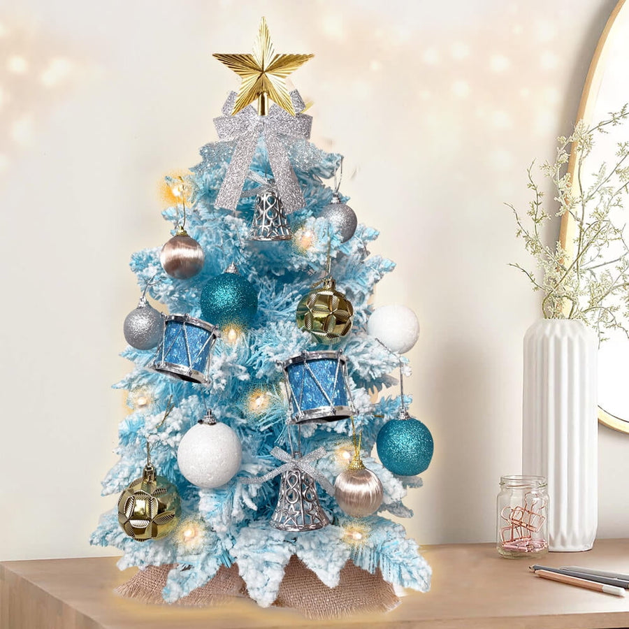 Artificial Christmas Tree, 2FT Small Tabletop Lighted Christmas Tree Home Decor, Tabletop Pre-lit Tree with Shiny Ornaments, Flocked Snow, Exquisite Decor, Bule