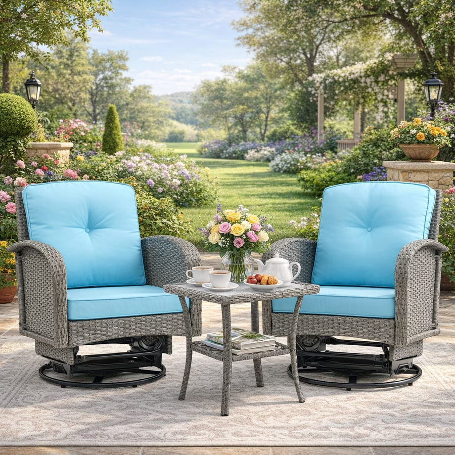 Outdoor Patio Chair Set, 3PCS Porch Funiture for Deck, Deck Rattan Wicker Bistro Set with 4''T Cushions, Coffee Table, 360° Swivel Rocker for 2