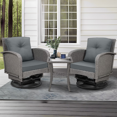 3-Piece Outdoor Swivel Rocking Chairs Set, Weather-Resistant Patio Furniture for Porch Backyard Poolside, with Coffee Table & Thick Cushions, Easy Assembly, Wicker 360° Swivel Rocker Bistro Set