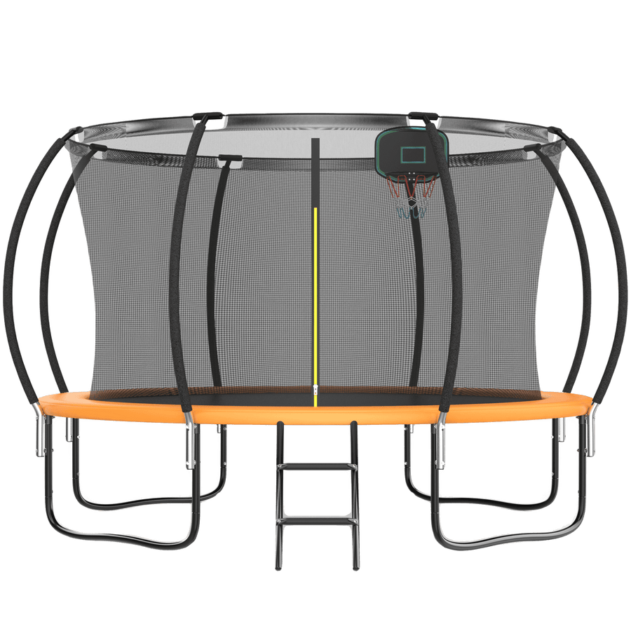 144IN Trampoline for Kids, Seizeen Outdoor Trampolines with Enclosure, 2-IN-1 Large Trampoline with Basketball Hoop, Round Trampoline Anti-collision Curved Design for Backyard Play, Orange