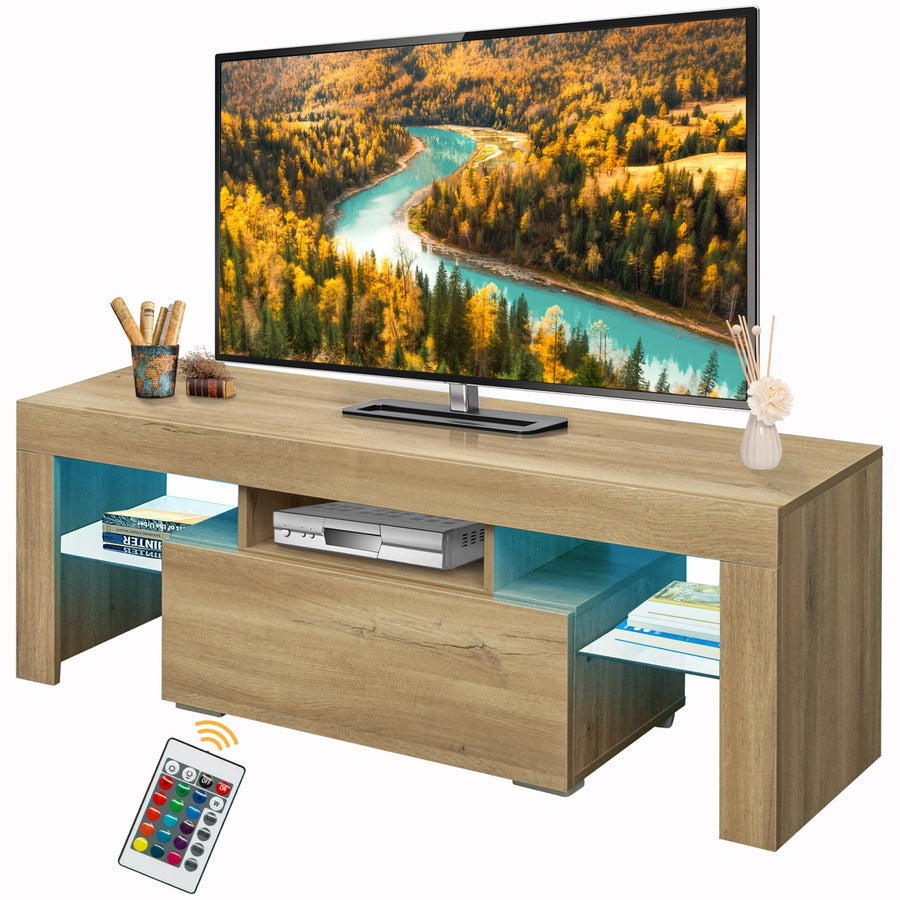 Lighted TV Stand for 55 inch TV, Seizeen Media TV Console with LED RGB Lights, Modern Entertainment Center  TV Cabinet with Storage Shelves & Drawer, Rustic Oak