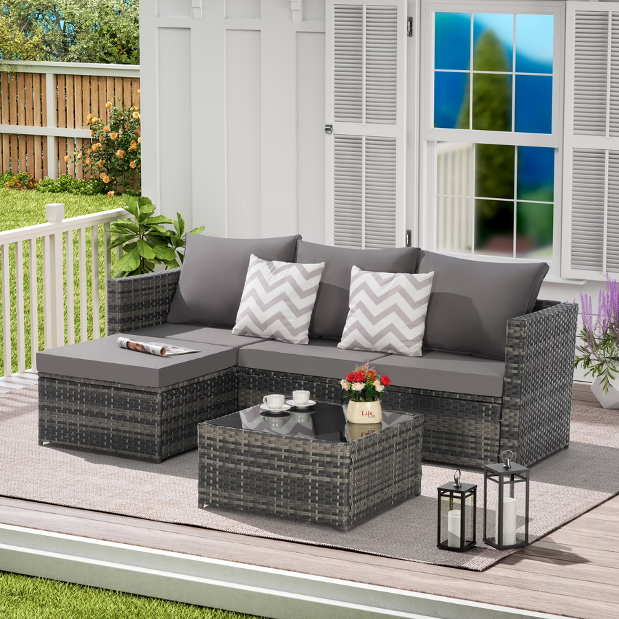 2 Piece Patio Furniture Set, Outdoor Wicker Sectional Sofa Set with Ottoman and Coffee Table, All Weather Rattan Conversation Set with Washable Cushions for Backyard Patio Poolside Balcony, Gray