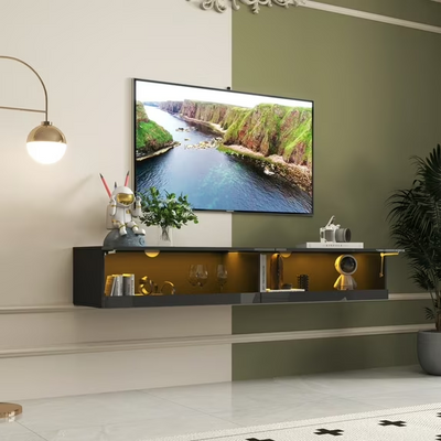 Seizeen Floating TV Stand, Wall Mounted TV Stand with LED Lights, Modern Entertainment Center w/Charging Station, Black Media TV Console for Living Room Bedroom, Semi-open Shelves, up to 80" TV
