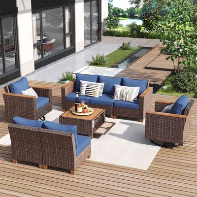 8-PCS Outdoor Patio Furniture Set with Swivel Rocking Chairs, Wicker Sectional Sofa Set with 4" Thick Cushions & Acacia Storage Table, All-Weather Rattan Conversation Set for Backyard, Patio, Blue