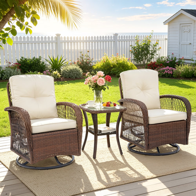 Seizeen Patio Furniture Set on Sale, 3 Pieces Outdoor Rattan Swivel Gliders Rocker w/Coffee Table, Wicker Patio Bistro Chair Set for Front Porch, Rocking Conversation Set w/Thickened Cushions, Beige