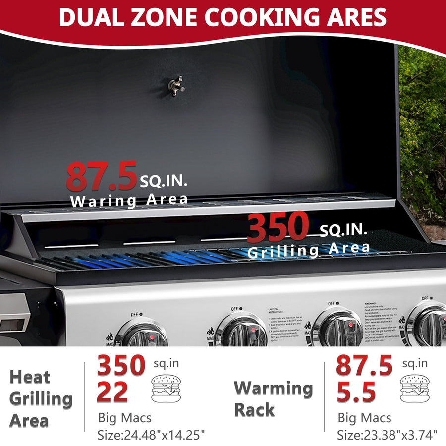 4-Burner Propane Gas Grill with Brush, Seizeen 40,000BTU Outdoor BBQ Grill, Stainless Steel Camping Stove with Foldable table, Hanging Basket, Support Legs
