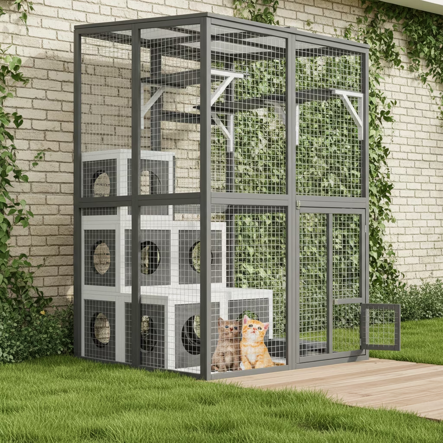 Seizeen Outdoor Catio Enclosure, 75''H Wooden Cat House w/Playpen for Kitty Indoor Use, Large Walk-in Cat Cage with 2 Jumping Platforms & 7 Napping Houses