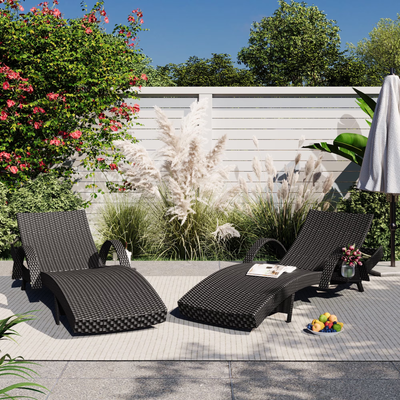 2 Pieces Outdoor Chaise Lounge Chair, PE Wicker Rattan Pool Lounge Chair, 5-Level Adjustable Lawn Poolside Chaise Lounge Chair, Patio Seating Sun Lounger, Black