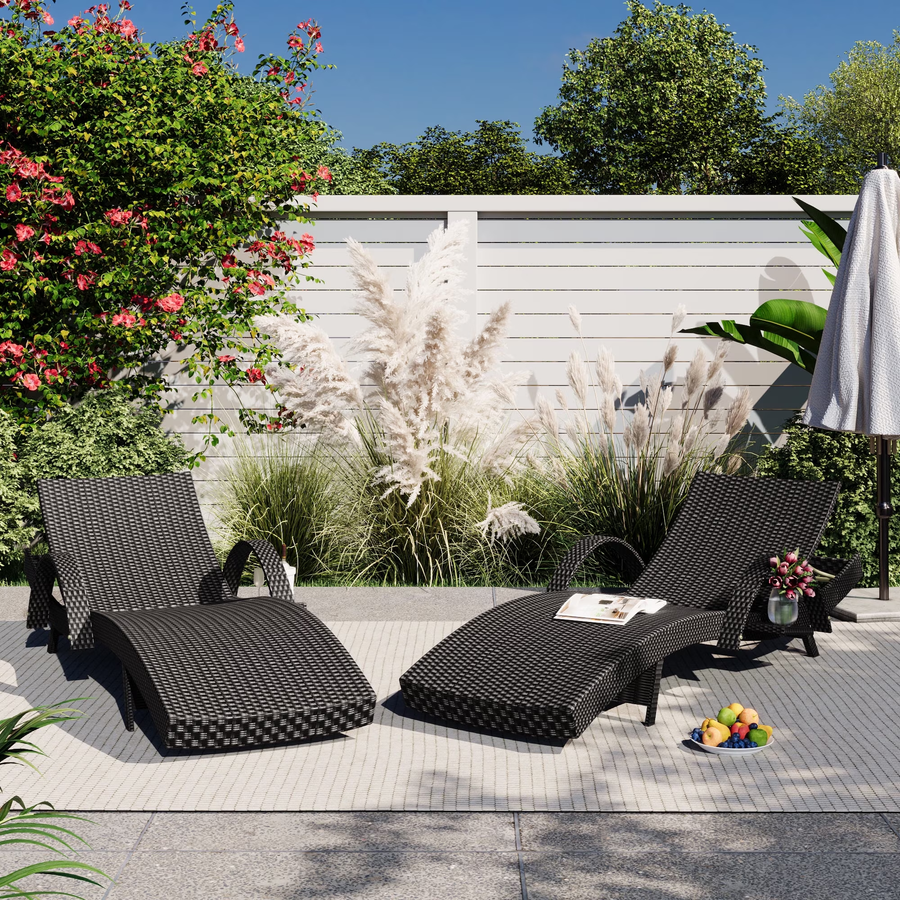 2 Pieces Outdoor Chaise Lounge Chair, PE Wicker Rattan Pool Lounge Chair, 5-Level Adjustable Lawn Poolside Chaise Lounge Chair, Patio Seating Sun Lounger, Black