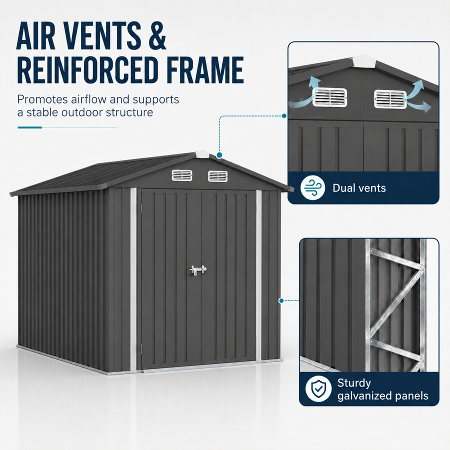Seizeen 10x8 FT Metal Storage Shed, All-Weather Outdoor Utility Shed with Air Vent, Lockable Hinged Doors, Sloped Roof, Galvanized Steel Walk-in Garden Tool Shed for Bike, Lawn Mower, Patio Backyard Storage