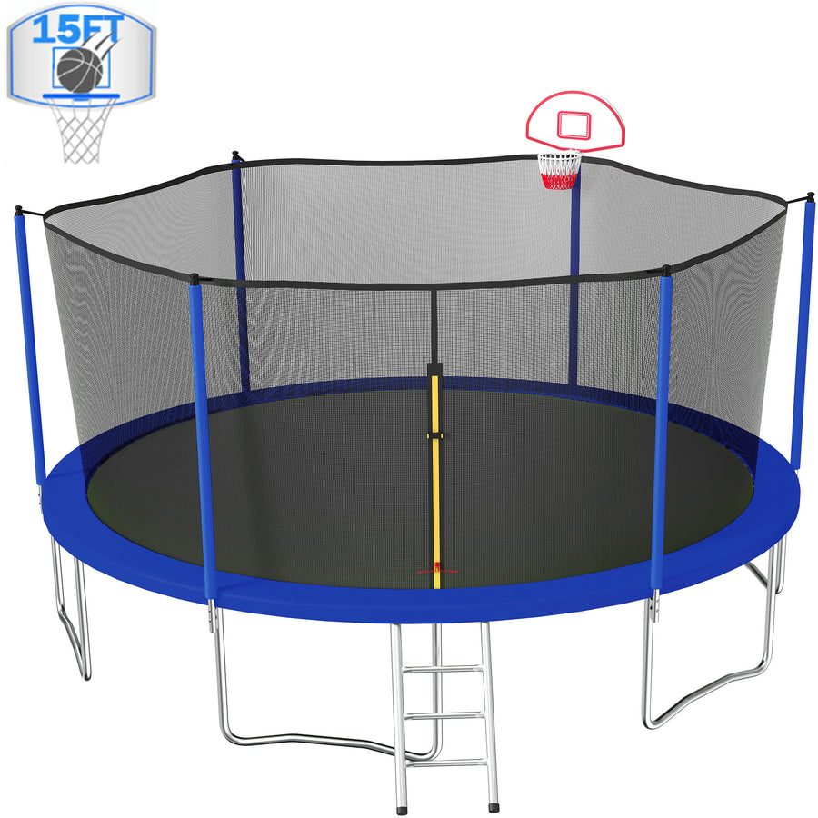 Seizeen 15FT Trampoline for Kids - Outdoor Trampoline w/Enclosure Net, All-Weather Steel Trampoline with Hoop,Blue