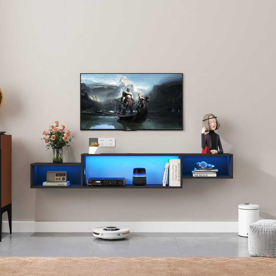 65''L Floating TV Stand Wall Mounted, Modern Media TV Console Up for 75'' TV, White Entertainment Center with 3 Large Shelves for Living Room, with Charging Station