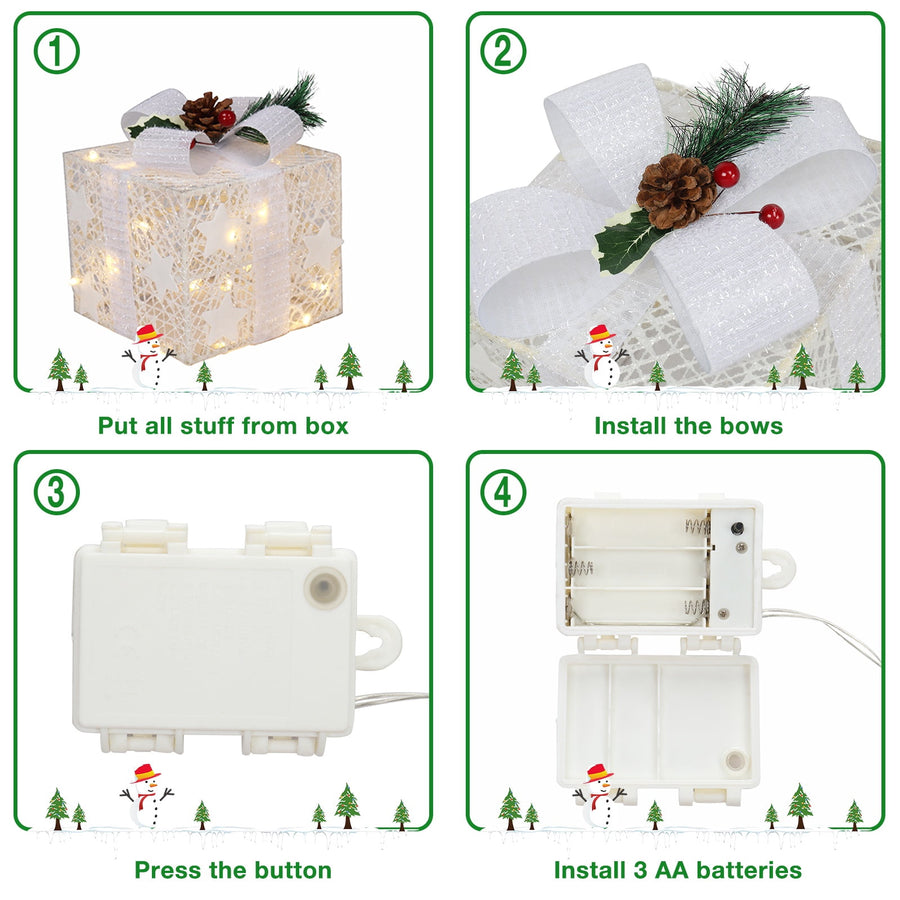 Set of 3 Christmas Lighted Gift Boxes Decorations, Seizeen Indoor Outdoor Xmas Decor with 60 Warm LED Lights, Home Room Garden Christmas Tree Decoration