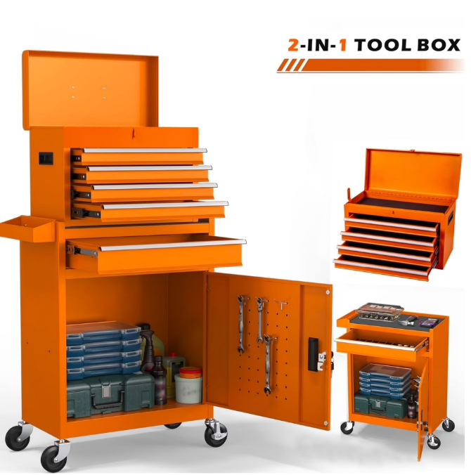 Tool Chest, 5-Drawer Rolling Tool Storage Cabinet with Detachable Top Tool Box, Liner, Universal Lockable Wheels, Adjustable Shelf, Locking Mechanism, Metal Tool Cart Multipurpose for Studio