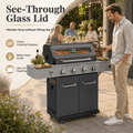 Seizeen 56,000 BTU Outdoor BBQ Grill, 4-Burner Propane Gas Grill with Side Burner w/ Lid Viewing Window, Multifunctional Grill w/Cast Iron Grate, Built-in Thermometer, Warming Rack for Patio Backyard