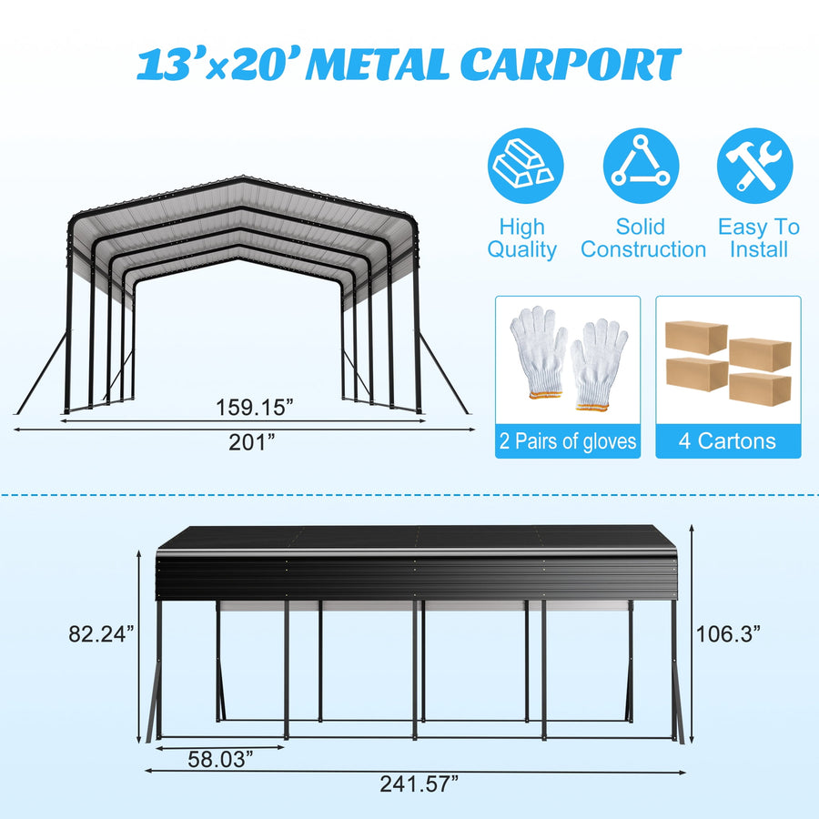 13x20ft Carport Galvanized Steel, Heavy Duty Carport Shelter with Reinforced Frame&4 Poles for Outdoor, Weatherproof Roof, Car Boat Tractor ATV RV Shelter, 44MPH Near Gale Level