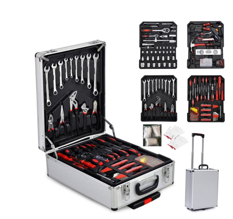 799 Pieces Professional Mechanics Hand Tool Set, Mobile Tool box on Wheels W/Ratchets&Socket, Screwdriver, Tongs, 4-layer Tool Case & Tool Kit, Silver