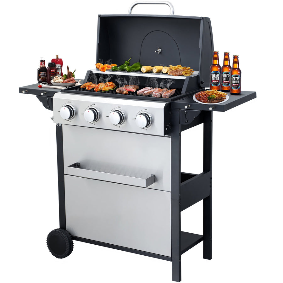 Propane Grill, Smokeless BBQ Grill w/4 Burners & Warming Area, Powerful 34,200BTU Camping Gas Grill on Wheels, Stainless Steel Outdoor Grill with Thermometer