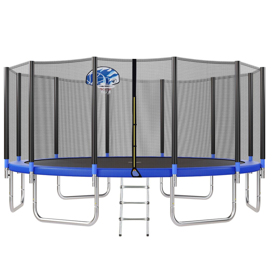 16FT Kids Trampoline with Hoop - Outdoor Trampoline W/Enclosure Net & Ladder, XXL Round Trampolines with Steel Support, Max Weight Capacity 1323LBS