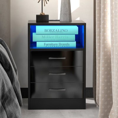 Seizeen LED Nightstand with Wireless Charging Station 3 Drawers, Modern End Side Table with 16 LED Lights, Black Wooden Sofa Bedside Table with Storage Cabinet