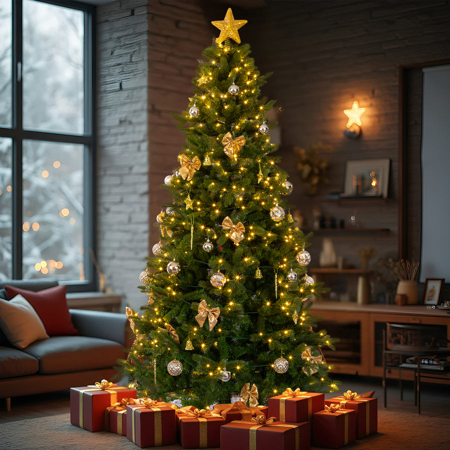 7.5FT Christmas Tree with Lights, Artificial Tree w/Full 950 Branch Tips, Hinged Xmas Tree with Gold Ornaments, Tree Skirt, 400 Warm White Lights with Remote, Easy Setup, Fire-Resistant