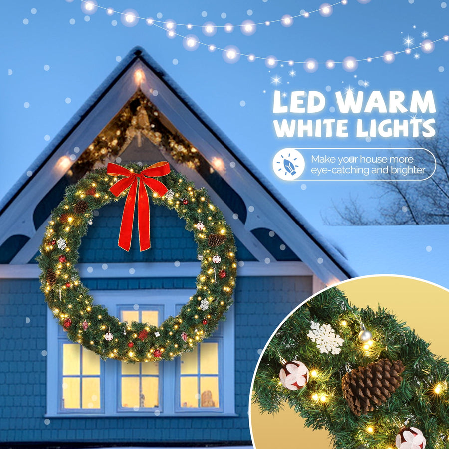 Seizeen Lighted Christmas Trees Set, 2 Packs 4' Pre-Lit Christmas Trees 20" Wreath and 9' Garland, Indoor Outdoor Artificial Xmas Tree with 10 Light Modes for Gate Fireplace Decor, 4 Pcs, White