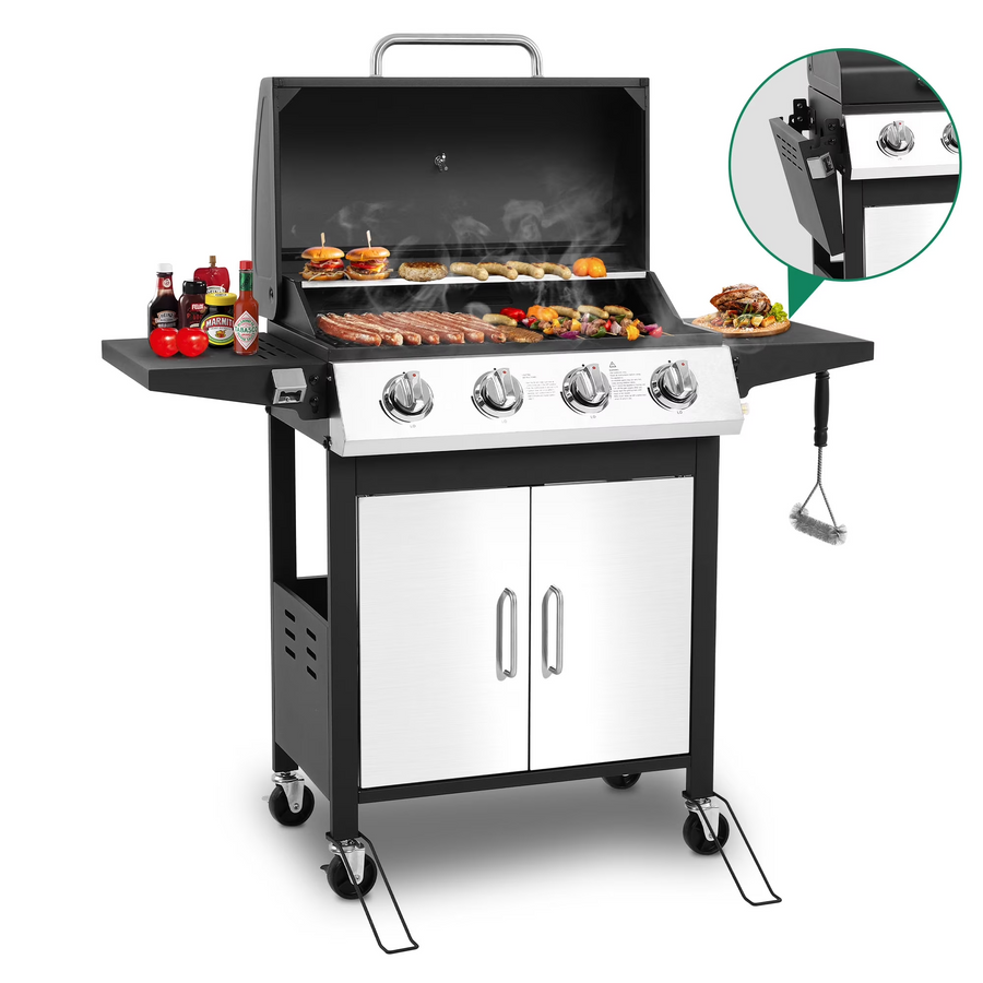 4 Burner Propane Gas Grill, BBQ Grill with Folding Side Tables, 44000 BTU Barbecue Grill, Porcelain Grates & Easy-Clean, Thermometer & Bottle Opener, for Camping & Outdoor Grill