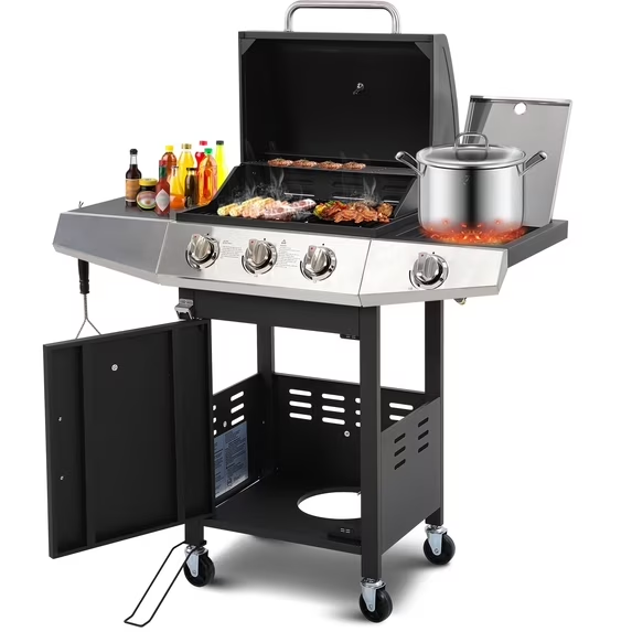 3 Burner Propane Gas Grill with Side Burner, Outdoor BBQ Grill for Backyard Cooking, 40000 BTU Barbecue Grill, Porcelain Grates & Easy-Clean, Stainless Steel, Storage Cabinet, Camping