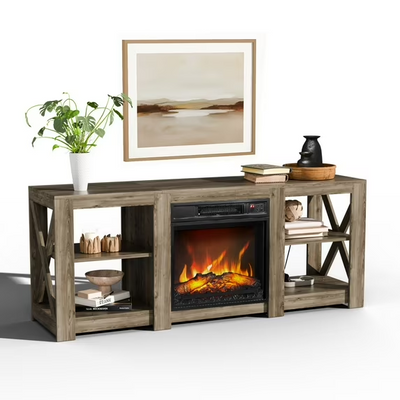 TV Stand with Fireplace, 58"L Farmhouse TV Stand with Electric Fireplace Remote Adjust Temperature, Wood Fireplace Entertainment Center TV Console for 65" TVs, Gray Oak