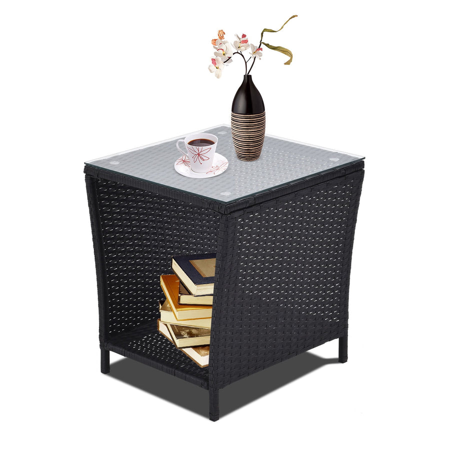 18'' PE Rattan Side Table - Outdoor End Table with Glass Top & Storage Shelf, All-Weather Small Coffee Table Patio Rattan Furniture