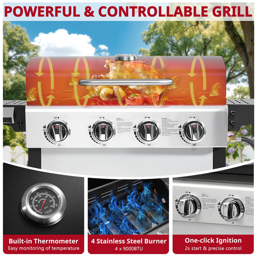4-Burner Propane Gas Grill with Brush, Seizeen 40,000BTU Outdoor BBQ Grill, Stainless Steel Camping Stove with Foldable table, Hanging Basket, Support Legs