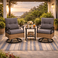 3 Pcs Patio Furniture Set Clearance, Outdoor Chair Set of 2 with 2-Tier Table, Front Porch Rattan Wicker Bistro Set Cushioned, Heavy-duty Steel 360°Swivel  Balcony Conversation Set