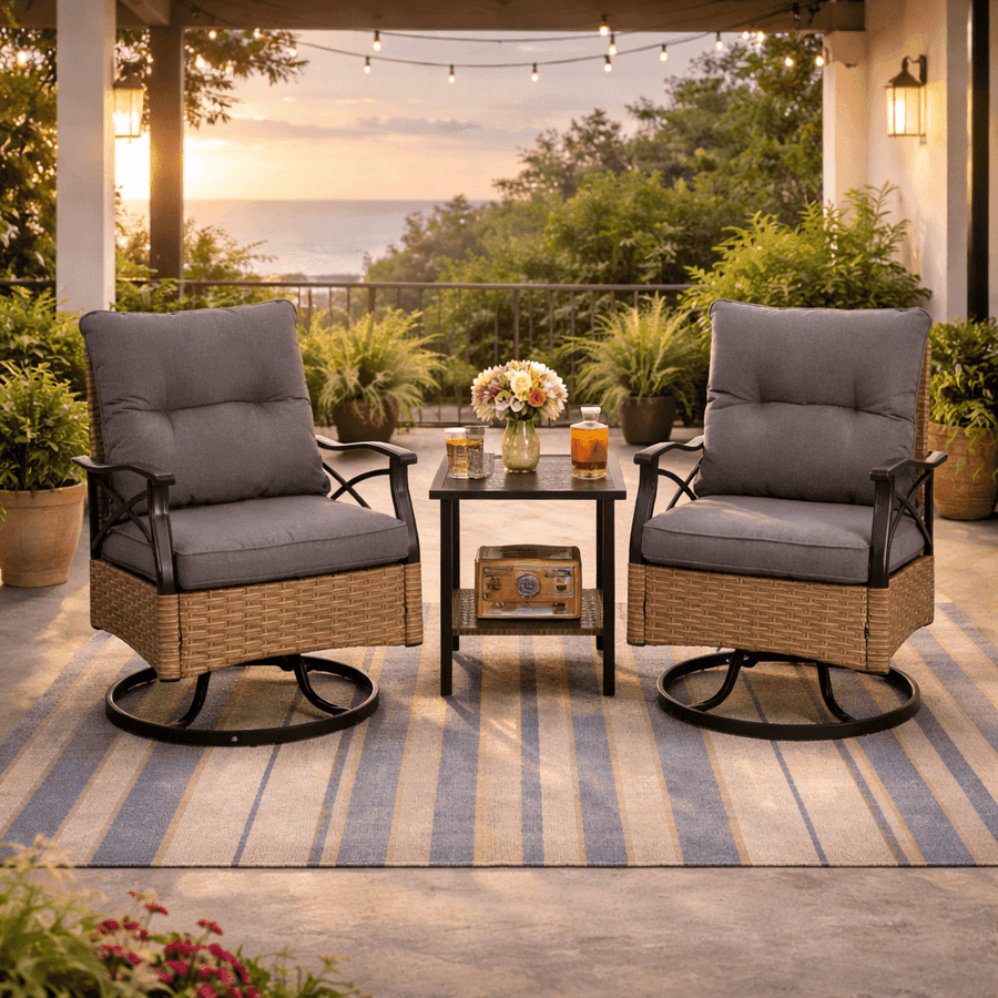 3 Pcs Patio Furniture Set Clearance, Outdoor Chair Set of 2 with 2-Tier Table, Front Porch Rattan Wicker Bistro Set Cushioned, Heavy-duty Steel 360°Swivel  Balcony Conversation Set
