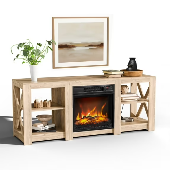 58" Electric Fireplace TV Stand, Farmhouse Entertainment Center Media Console w/18" Fireplace Insert, Double-Sided Cross Design, Multicolor Flame Storage Cabinet for Living Room Bedroom Office