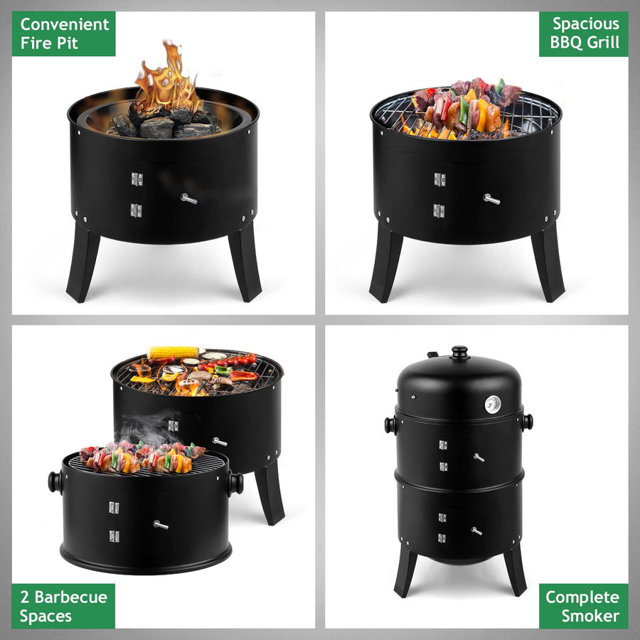 Seizeen 16" Smoker Outdoor 3-in-1 Charcoal Grill, Portable BBQ Grill Fire Pit Combo Double-layer Design
