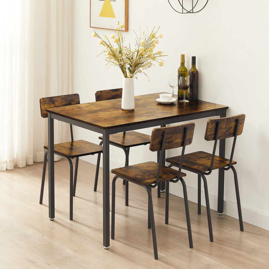 Dining Table Set for 4, Metal Counter Height Dining Set 1 Table & 4 Chairs, Rustic Brown Modern Kitchen Table Set w/ Chairs, Living Room Breakfast Nook Dining Furniture Set