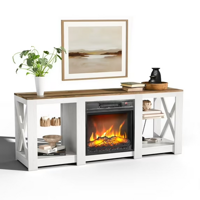 TV Stand with Fireplace, 58"L Farmhouse TV Stand with Electric Fireplace Remote Adjust Temperature, Wood Fireplace Entertainment Center TV Console for 65" TVs