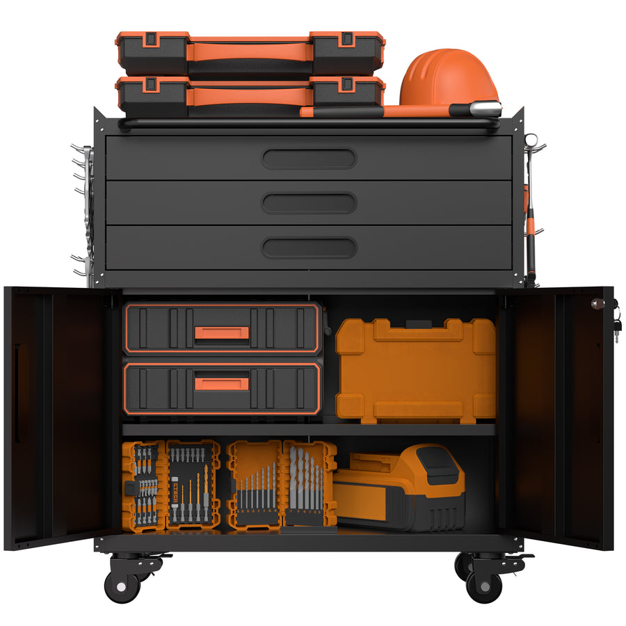 34.3" Rolling Metal Tool Cabinet - Heavy Duty Garage Storage with Lockable Doors & 3 Drawers, Mobile Workbench Organizer for Garage, Workshop, Home