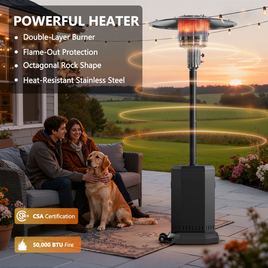 87in Tall Patio Heaters for Outside, 50,000 BTU Outdoor Freestanding Heaters Stainless Steel, Propane Heater with Wheels and Fast Ignition System, Umbrella Heater for Outdoor Deck Use