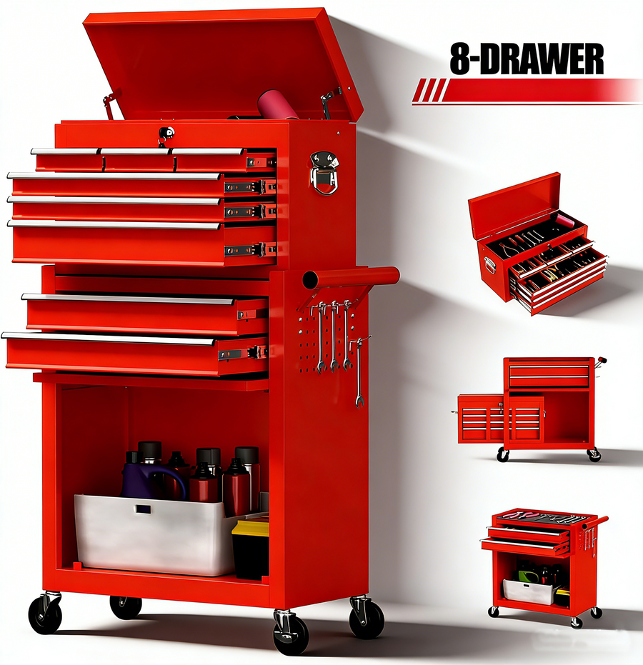 Seizeen Tool Chest, 2-IN-1 Rolling Tool Chest & Cabinet Double Door, Lockable Tool Box Organizer On Wheels with 8 Sliding Drawers, Hidden Double Tool Box, Red