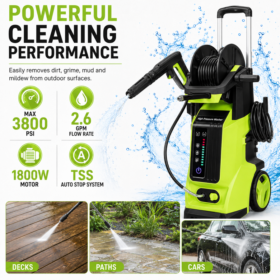 3800PSI Pressure Washer for Outdoor, Seizeen 1800W 110V Electric Power Washer, Multipurpose Cleaner Machine w/ 19.7ft Hose & 4 Nozzles, Foam Cannon, House Garden Deck Use