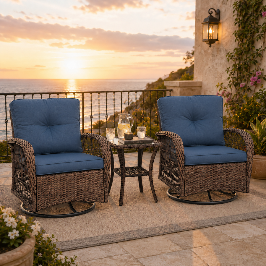 3 Pieces Patio Furniture Set, Outdoor Chair Set of 2 with Coffee Table, Porch Poolside PE Rattan Wicker Bistro Bar Set Cushioned, Heavy-duty Steel Frame Rattan 360°Swivel Conversation Set