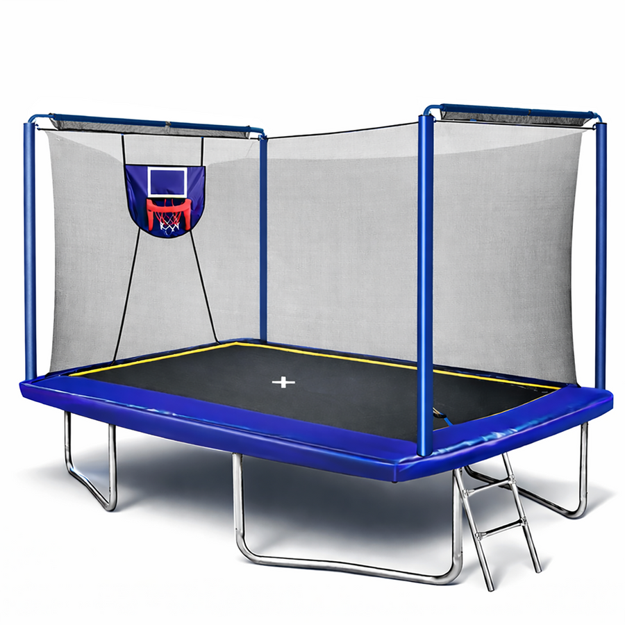2-IN-1 Rectangle Trampoline with Enclosure Net, 8x12FT Extra Large Kids Adult Trampoline Heavy-Duty Supports, Upgraded Trampoline W/Basketball Hoop, Soccer Target, Shoe Bag, Ladder