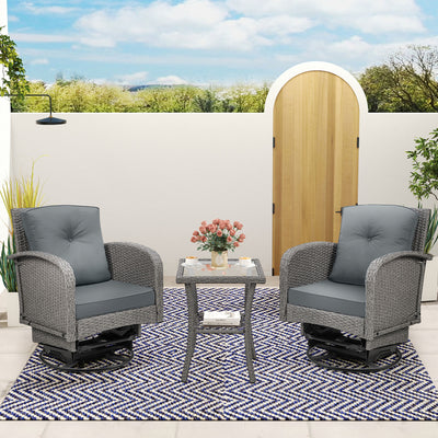 3-Piece Outdoor Swivel Rocking Chairs Set, Weather-Resistant Patio Furniture for Porch Backyard Poolside, with Coffee Table & Thick Cushions, Easy Assembly, Wicker 360° Swivel Rocker Bistro Set