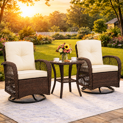 Outdoor Patio Bistro Set, 3 Pcs Rattan Wicker 360° Swivel Rocking Chairs Set, Balcony Porch Furniture with 2-Tier Coffee Table, Thickened Cushions