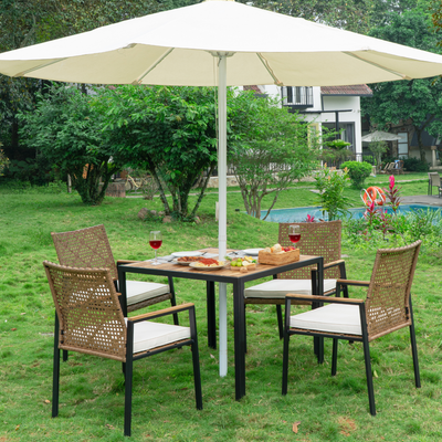 Rattan Patio Dining Set for 4, 5 Pieces Outdoor Dining Table Set With Cushioned Chairs, All-Weather PE Rattan Furniture Set for Garden Yard Deck, Beige Cushion, Brown